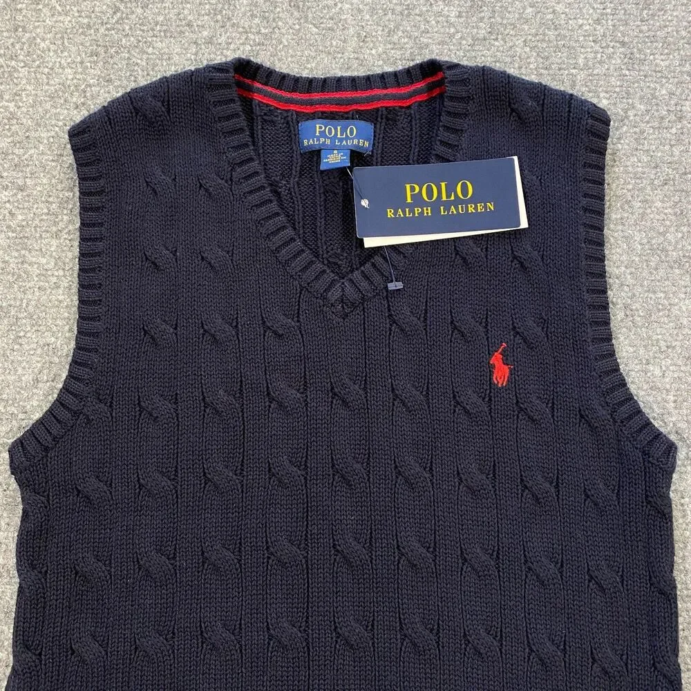 Polo Ralph Lauren Cable Knit V-Neck Sweater Vest Youth Boys 6 Navy Blue Red Pony - Picture 2 of 14
